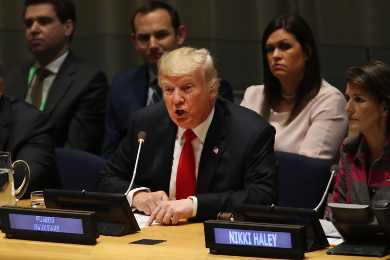 NEW YORK, NY - SEPTEMBER 24:  President Donald Trump attends a meeting on the global drug problem at the United Nations (UN) a day ahead of the official opening of the 73rd United Nations General Assembly on September 24, 2018 in New York City. The UN General Assembly, or UNGA, is expected to draw 84 heads of state and 44 heads of government in New York City for a week of speeches, talks and high level diplomacy concerning global issues. New York City is under tight security for the annual event with dozens of road closures and thousands of security officers patrolling city streets and waterways.  (Photo by Spencer Platt/Getty Images)