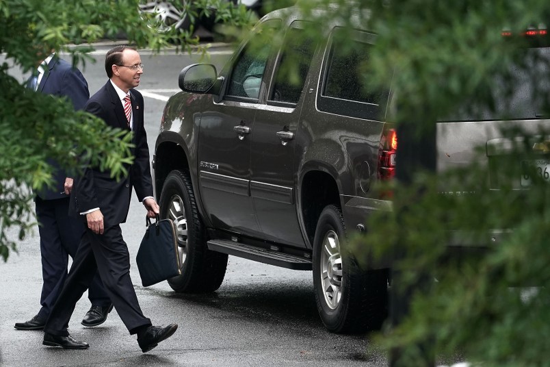 WASHINGTON, DC - SEPTEMBER 24:  U.S. Deputy Attorney General Rod Rosenstein leaves after a meeting at the White House September 24, 2018 in Washington, DC. White House Press Secretary Sarah Huckabee Sanders said that Rosenstein will meet with President Donald Trump on Thursday to discuss recent revelations that Rosenstein had talked about secretly recording the president and about invoking the 25th Amendment to remove him from office.  (Photo by Alex Wong/Getty Images)