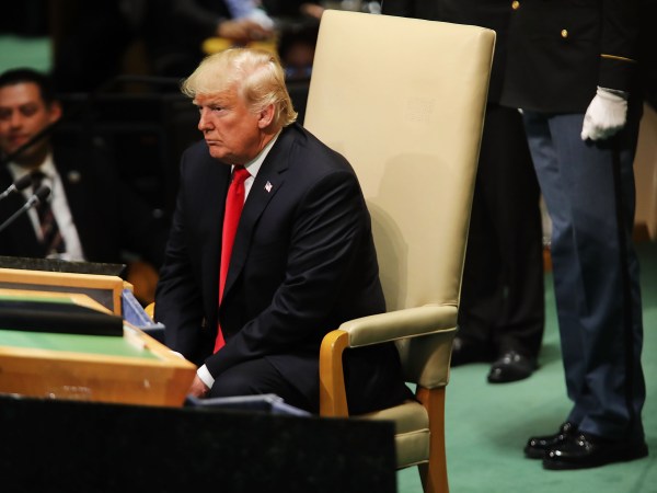 NEW YORK, NY - SEPTEMBER 25:  President Donald Trump pauses after addressing the 73rd United Nations (U.N.) General Assembly on September 25, 2018 in New York City. The United Nations General Assembly, or UNGA, is expected to attract 84 heads of state and 44 heads of government in New York City for a week of speeches, talks and high level diplomacy concerning global issues. New York City is under tight security for the annual event with dozens of road closures and thousands of security officers patrolling city streets and waterways.  (Photo by Spencer Platt/Getty Images)