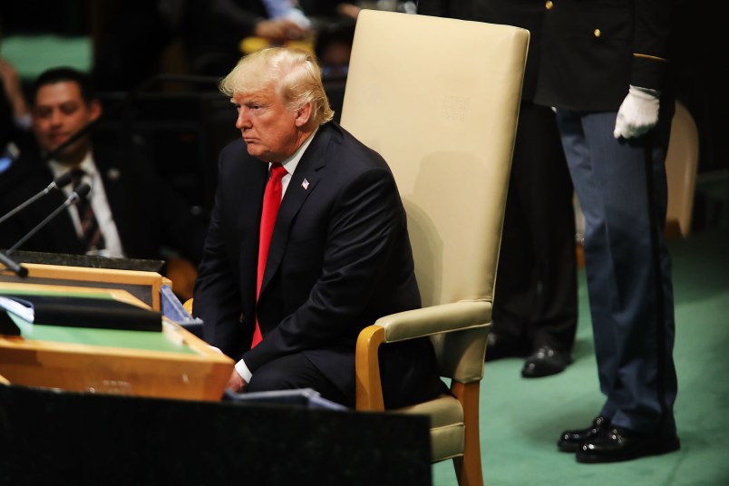 NEW YORK, NY - SEPTEMBER 25:  President Donald Trump pauses after addressing the 73rd United Nations (U.N.) General Assembly on September 25, 2018 in New York City. The United Nations General Assembly, or UNGA, is expected to attract 84 heads of state and 44 heads of government in New York City for a week of speeches, talks and high level diplomacy concerning global issues. New York City is under tight security for the annual event with dozens of road closures and thousands of security officers patrolling city streets and waterways.  (Photo by Spencer Platt/Getty Images)
