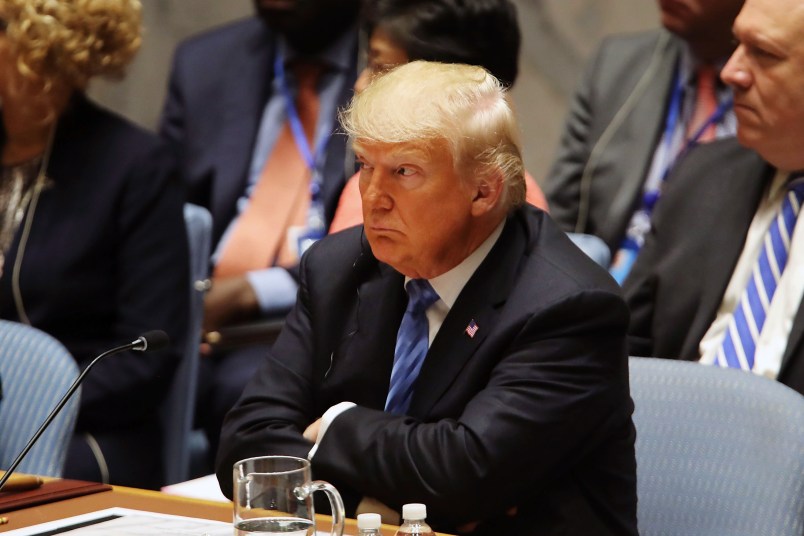 NEW YORK, NY - SEPTEMBER 26:  President Donald Trump chairs a United Nations (U.N.) Security Council meeting on September 26, 2018 in New York City. Trump presides over the 15-member council as the United States holds the monthly rotating presidency. The Security Council meeting coincides with the 73rd United Nations General Assembly at the U.N.  (Photo by Spencer Platt/Getty Images)