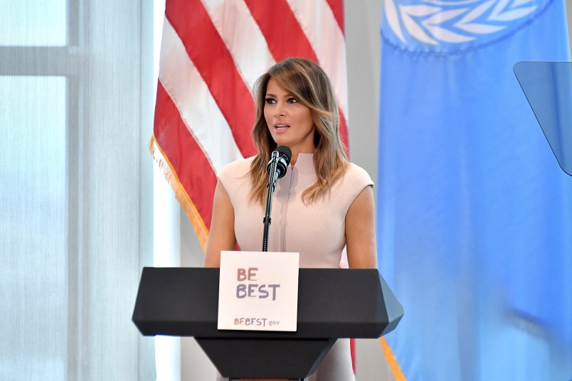 NEW YORK, NY - SEPTEMBER 26:  U.S. first lady Melania Trump hosts a reception in honor of United Nations General Assembly attendees  at the U.S mission to the UN building on September 26, 2018 in New York City.  (Photo by Michael Loccisano/Getty Images)