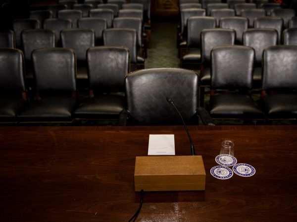 The Senate Judiciary Committee's room is seen on Capitol Hill September 26, 2018 in Washington, DC, during preparations one day before the hearing with Blasey Ford and Supreme Court nominee Judge Brett Kavanaugh. - University professor Christine Blasey Ford, who is set to testify before the Senate committee,  claims Kavanaugh attacked her at a party when they were both teenagers. (Photo by Brendan Smialowski / AFP)        (Photo credit should read BRENDAN SMIALOWSKI/AFP/Getty Images)