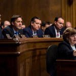 WASHINGTON, DC - SEPTEMBER 27: Rachel Mitchell, counsel for Senate Judiciary Committee Republicans, questions Dr. Christine Blasey Ford as Senators, from left, Mike Crapo, R-Idaho, Jeff Flake, R-Ariz., Ben Sasse, R-Neb., Ted Cruz, R-Texas, Mike Lee, R-Utah., and John Cornyn, R-Texas, listen during the Senate Judiciary Committee hearing on the nomination of Brett M. Kavanaugh on Capitol Hill September 27, 2018 in Washington, DC. A professor at Palo Alto University and a research psychologist at the Stanford University School of Medicine, Ford has accused Supreme Court nominee Judge Brett Kavanaugh of sexually assaulting her during a party in 1982 when they were high school students in suburban Maryland. (Photo By Tom Williams-Pool/Getty Images)