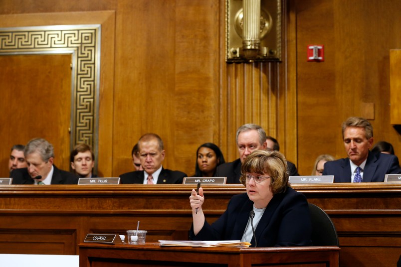 WASHINGTON, DC - SEPTEMBER 27:  Rachel Mitchell ask questions to Dr. Christine Blasey Ford at the Senate Judiciary Committee hearing on the nomination of Brett Kavanaugh to be an associate justice of the Supreme Court of the United States, on Capitol Hill September 27, 2018 in Washington, DC. A professor at Palo Alto University and a research psychologist at the Stanford University School of Medicine, Ford has accused Supreme Court nominee Judge Brett Kavanaugh of sexually assaulting her during a party in 1982 when they were high school students in suburban Maryland. (Photo By Michael Reynolds-Pool/Getty Images)