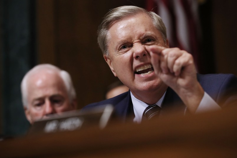 WASHINGTON, DC - SEPTEMBER 27:  Senate Judiciary Committee member Sen. Lindsey Graham (R-SC) shouts while questioning Judge Brett Kavanaugh during his Supreme Court confirmation hearing in the Dirksen Senate Office Building on Capitol Hill September 27, 2018 in Washington, DC. Kavanaugh was called back to testify about claims by Christine Blasey Ford, who has accused him of sexually assaulting her during a party in 1982 when they were high school students in suburban Maryland.  (Photo by Win McNamee/Getty Images)