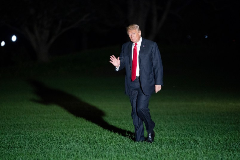 United States President Donald J. Trump returns to The White House in Washington, DC, after attending a political rally in West Virginia, September 29, 2018.Credit: Chris Kleponis / Pool via CNP