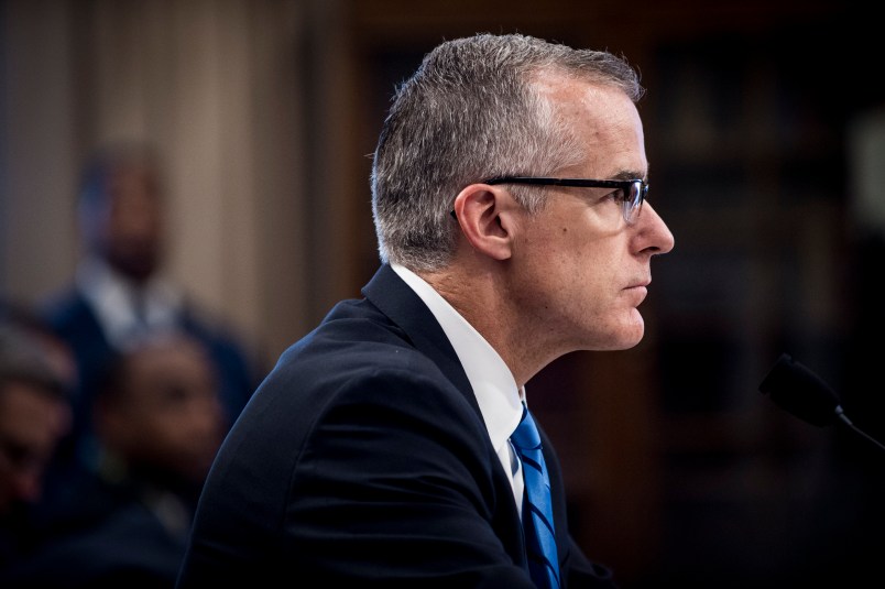 WASHINGTON, DC - June 21:  Acting FBI Director Andrew McCabe testifies before a House Appropriations subcommittee meeting on the FBI's budget requests for FY2018 on June 21, 2017 in Washington, DC. McCabe became acting director in May, following President Trump's dismissal of James Comey.  (Photo by Pete Marovich/Getty Images)