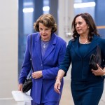 UNITED STATES - SEPTEMBER 7: Sen. Dianne Feinstein, D-Calif., left, and Sen. Kamala Harris, D-Calif., talk as they arrive in the Capitol for a vote on Thursday, Sept. 7, 2017. (Photo By Bill Clark/CQ Roll Call)