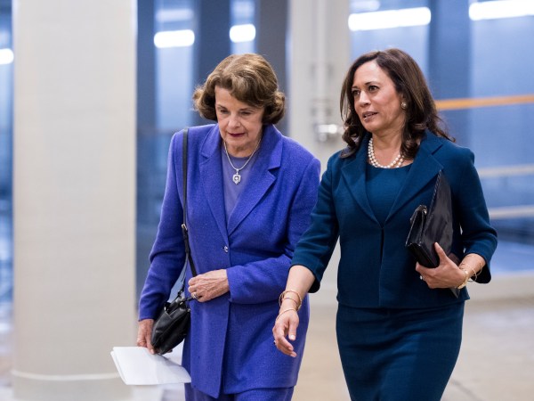 UNITED STATES - SEPTEMBER 7: Sen. Dianne Feinstein, D-Calif., left, and Sen. Kamala Harris, D-Calif., talk as they arrive in the Capitol for a vote on Thursday, Sept. 7, 2017. (Photo By Bill Clark/CQ Roll Call)