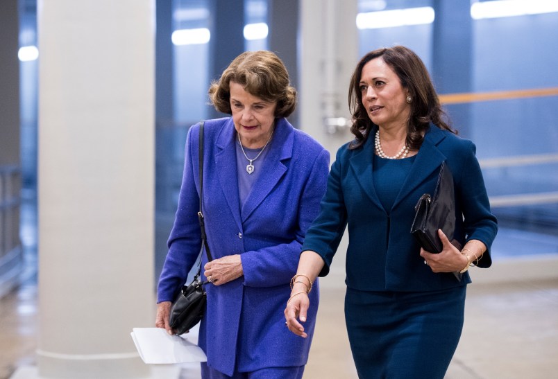 UNITED STATES - SEPTEMBER 7: Sen. Dianne Feinstein, D-Calif., left, and Sen. Kamala Harris, D-Calif., talk as they arrive in the Capitol for a vote on Thursday, Sept. 7, 2017. (Photo By Bill Clark/CQ Roll Call)
