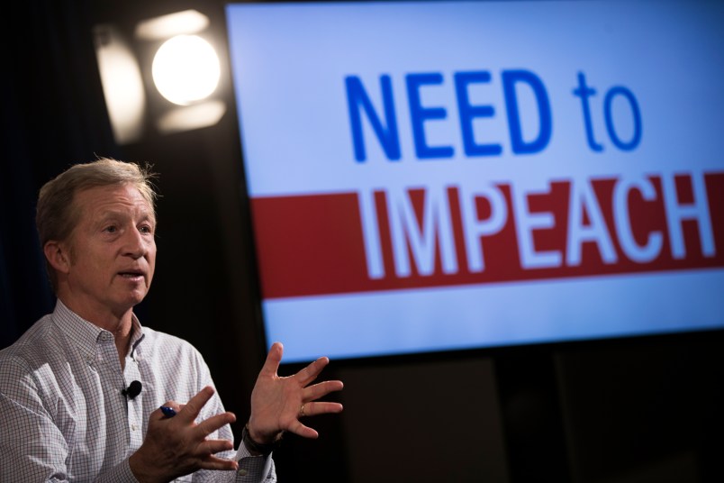 NEW YORK, NY - JANUARY 29: Hedge fund billionaire and Democratic mega-donor Tom Steyer speaks during a town hall event at a hotel in Times Square,  January 29, 2018 in New York City. Steyer is the founder of the ‘Need To Impeach’ initiative and is the largest individual donor in Democratic politics. (Photo by Drew Angerer/Getty Images)