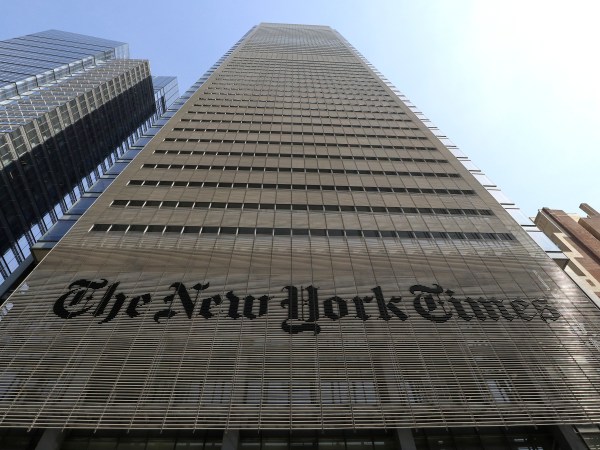 NEW YORK, NY - APRIL 13: The facade and logo of the New York Times newspaper is pictured on April 13, 2018 in New York City. (Photo by Gary Hershorn/Getty Images)