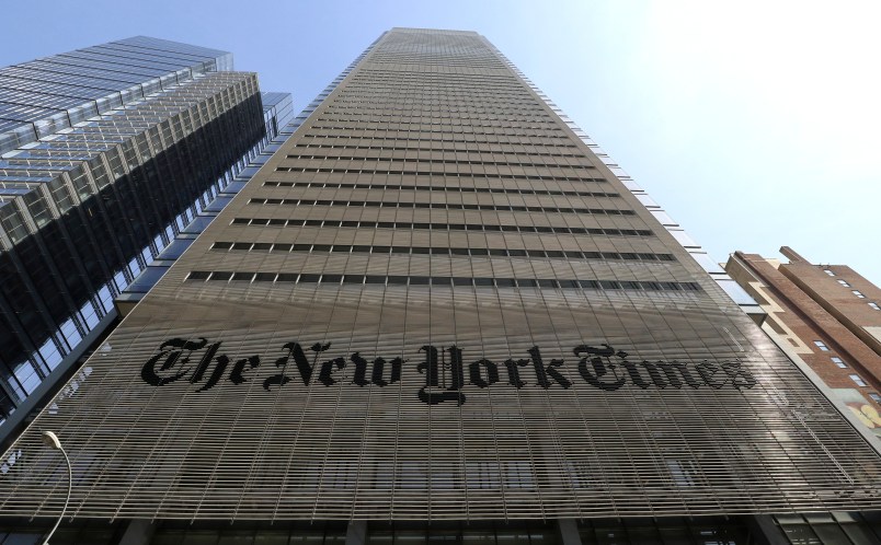 NEW YORK, NY - APRIL 13: The facade and logo of the New York Times newspaper is pictured on April 13, 2018 in New York City. (Photo by Gary Hershorn/Getty Images)