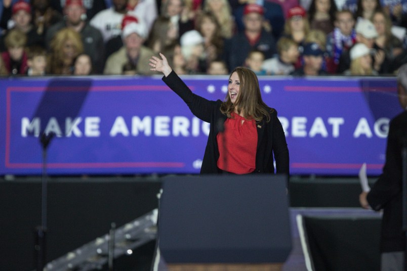 RNC chair Ronna Romney McDaniel waves to the crowd during a Make America Great Again rally at Total Sports Park in Washington Township, Mich., on Saturday, April 28, 2018. (Junfu Han/Detroit Free Press/TNS)
