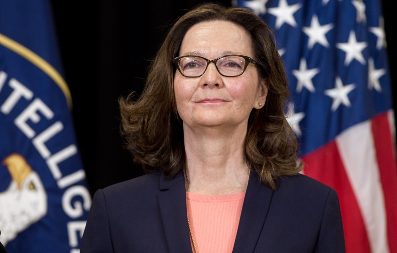 Gina Haspel, Director of the Central Intelligence Agency, stands after being sworn-in during a ceremony at CIA Headquarters in Langley, Virginia, May 21, 2018. (Photo by SAUL LOEB / AFP)        (Photo credit should read SAUL LOEB/AFP/Getty Images)