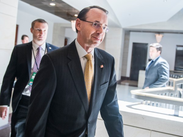 UNITED STATES - MAY 24: Deputy Attorney General Rod Rosenstein arrives in the Capitol for a meeting with a bipartisan group of lawmakers on the FBI informant relating to the Russia investigation on May 24, 2018. (Photo By Tom Williams/CQ Roll Call)