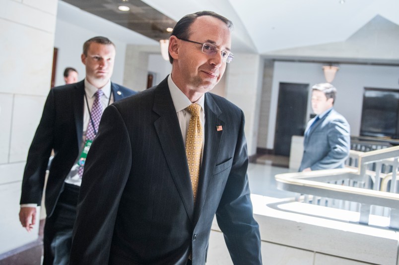 UNITED STATES - MAY 24: Deputy Attorney General Rod Rosenstein arrives in the Capitol for a meeting with a bipartisan group of lawmakers on the FBI informant relating to the Russia investigation on May 24, 2018. (Photo By Tom Williams/CQ Roll Call)