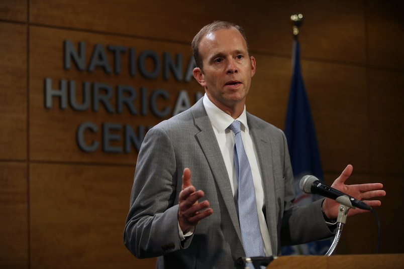 MIAMI, FL - MAY 30:  Brock Long, FEMA's director, speaks to the media during a visit to the National Hurricane Center on May 30, 2018 in Miami, Florida. Mr. Long urged people to prepare for the upcoming hurricane season that officially begins on June 1, 2018 and ends on November 30th.  (Photo by Joe Raedle/Getty Images)