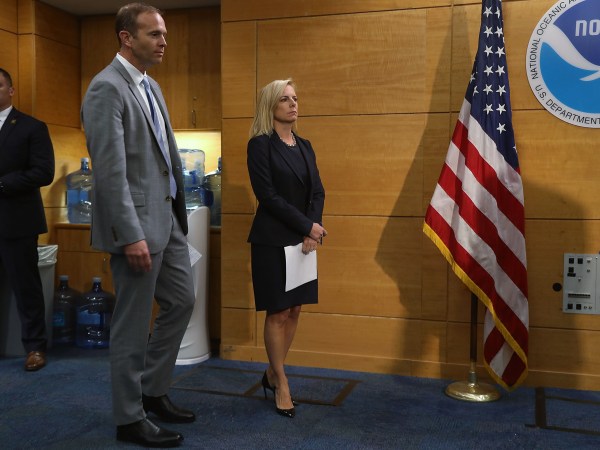 MIAMI, FL - MAY 30:  Kirstjen Nielsen (R), the U.S. Homeland Security Secretary, and Brock Long, FEMA's director, visit the National Hurricane Center on May 30, 2018 in Miami, Florida. The two visited the center as they urged people to prepare for the upcoming hurricane season that officially begins on June 1, 2018 and ends on November 30th.  (Photo by Joe Raedle/Getty Images)