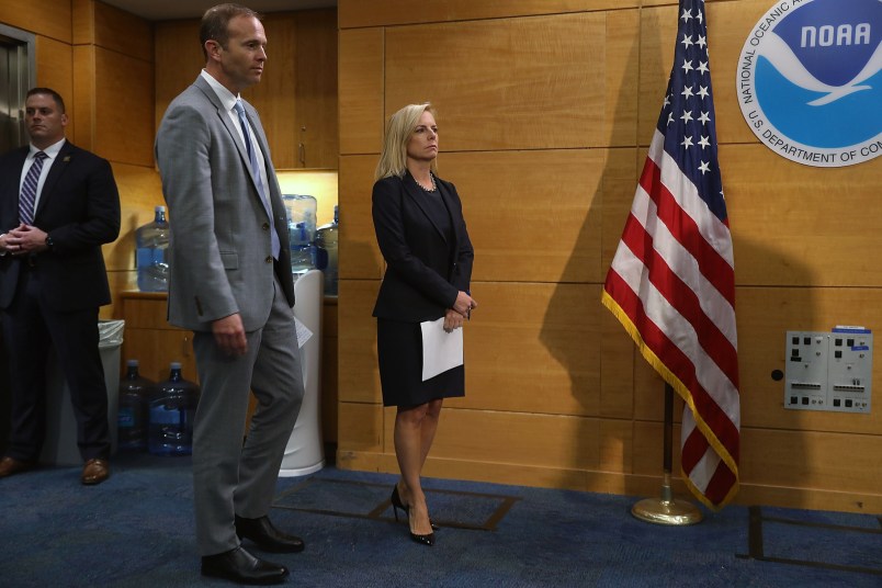 MIAMI, FL - MAY 30:  Kirstjen Nielsen (R), the U.S. Homeland Security Secretary, and Brock Long, FEMA's director, visit the National Hurricane Center on May 30, 2018 in Miami, Florida. The two visited the center as they urged people to prepare for the upcoming hurricane season that officially begins on June 1, 2018 and ends on November 30th.  (Photo by Joe Raedle/Getty Images)