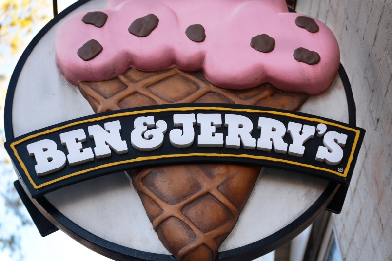 ALEXANDRIA, VA - APRIL 20, 2018:  A business sign hangs over the entrance to a Ben & Jerry's ice cream shop in the Old Town section of Alexandria, Virginia. (Photo by Robert Alexander/Getty Images)