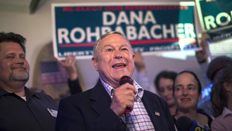 COSTA MESA, CA - JUNE 05: Republican Rep. Dana Rohrabacher, 48th District, speaks to supporters on election night at his campaign headquarters on June 5, 2018 in Costa Mesa, California. California could play a determining role in upsetting Republican control the U.S. Congress. Democrats hope to win 10 of the 14 seats held by Republicans.   (Photo by David McNew/Getty Images)