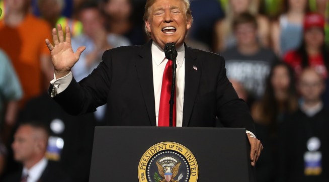 U.S. president Donald Trump greets supporters during a campaign rally at Four Seasons Arena on July 5, 2018 in Great Falls, Montana. President Trump held a campaign style 'Make America Great Again' rally in Great Falls, Montana with thousands in attendance.
