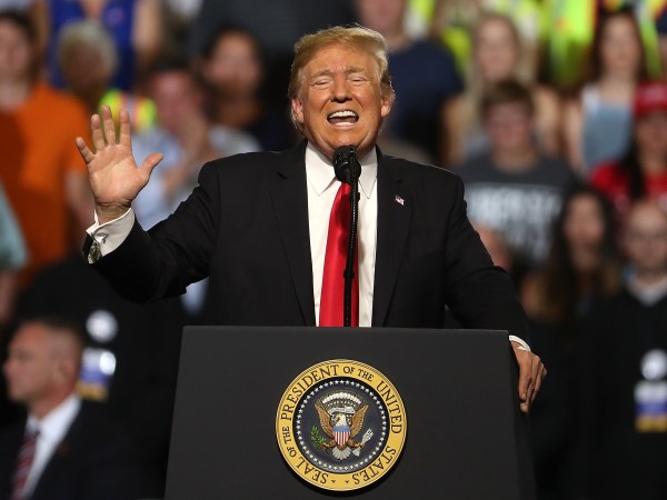 U.S. president Donald Trump greets supporters during a campaign rally at Four Seasons Arena on July 5, 2018 in Great Falls, Montana. President Trump held a campaign style 'Make America Great Again' rally in Great Falls, Montana with thousands in attendance.