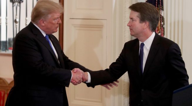 WASHINGTON, DC - JULY 09: U.S. President Donald Trump introduces U.S. Circuit Judge Brett M. Kavanaugh as his nominee to the United States Supreme Court during an event in the East Room of the White House July 9, 2018 in Washington, DC. Pending confirmation by the U.S. Senate, Judge Kavanaugh would succeed Associate Justice Anthony Kennedy, 81, who is retiring after 30 years of service on the high court. (Photo by Mark Wilson/Getty Images)