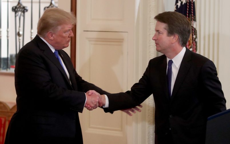 WASHINGTON, DC - JULY 09: U.S. President Donald Trump introduces U.S. Circuit Judge Brett M. Kavanaugh as his nominee to the United States Supreme Court during an event in the East Room of the White House July 9, 2018 in Washington, DC. Pending confirmation by the U.S. Senate, Judge Kavanaugh would succeed Associate Justice Anthony Kennedy, 81, who is retiring after 30 years of service on the high court. (Photo by Mark Wilson/Getty Images)