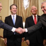 Judge Brett Kavanaugh poses for photographs with Vice President Mike Pence and Senate Majority Leader Mitch McConnell (R-KY) before a meeting in McConnell's office in the U.S. Capitol July 10, 2018 in Washington, DC. U.S. President Donald Trump nominated Kavanaugh to succeed retiring Supreme Court Associate Justice Anthony Kennedy.