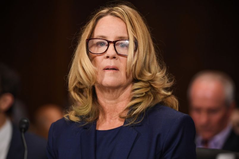 Christine Blasey Ford, the woman accusing Supreme Court nominee Brett Kavanaugh of sexually assaulting her at a party 36 years ago, testifies during his US Senate Judiciary Committee confirmation hearing on Capitol Hill in Washington, DC, September 27, 2018. (Photo by SAUL LOEB / POOL / AFP)        (Photo credit should read SAUL LOEB/AFP/Getty Images)