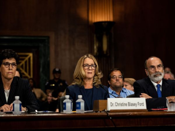 WASHINGTON, DC - SEPTEMBER 27:   Christine Blasey Ford listens to opening statements prior to testifying before the Senate Judiciary Committee at the Dirksen Senate Office Building on Capitol Hill September 27, 2018 in Washington, DC. Blasey Ford, a professor at Palo Alto University and a research psychologist at the Stanford University School of Medicine, has accused Supreme Court nominee Brett Kavanaugh of sexually assaulting her during a party in 1982 when they were high school students in suburban Maryland.  (Photo by Erin Schaff-Pool/Getty Images)
