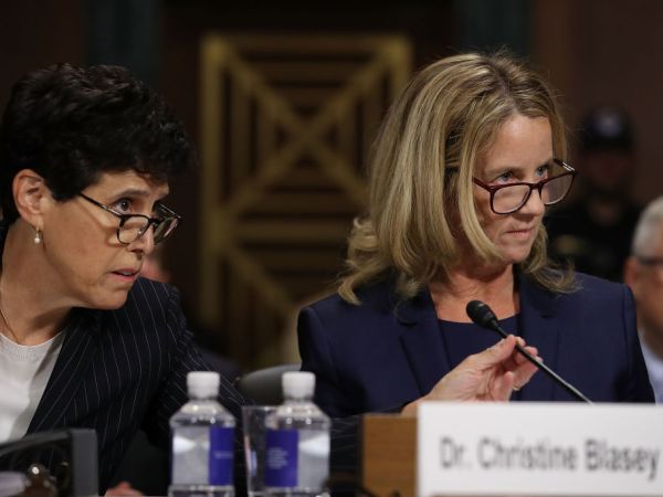 WASHINGTON, DC - SEPTEMBER 27:  Attorney Debra Katz (L) helps her client Christine Blasey Ford as she testifies before the Senate Judiciary Committee in the Dirksen Senate Office Building on Capitol Hill September 27, 2018 in Washington, DC. A professor at Palo Alto University and a research psychologist at the Stanford University School of Medicine, Ford has accused Supreme Court nominee Judge Brett Kavanaugh of sexually assaulting her during a party in 1982 when they were high school students in suburban Maryland.  (Photo by Win McNamee/Getty Images)