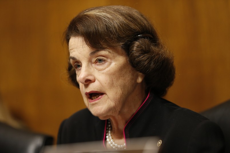 WASHINGTON, DC - SEPTEMBER 27:  Senator Dianna Feinstein (D-CA) Speak at the Senate Judiciary Committee hearing on the nomination of Brett Kavanaugh to be an associate justice of the Supreme Court of the United States, on Capitol Hill September 27, 2018 in Washington, DC. A professor at Palo Alto University and a research psychologist at the Stanford University School of Medicine, Ford has accused Supreme Court nominee Judge Brett Kavanaugh of sexually assaulting her during a party in 1982 when they were high school students in suburban Maryland. (Photo By Michael Reynolds-Pool/Getty Images)