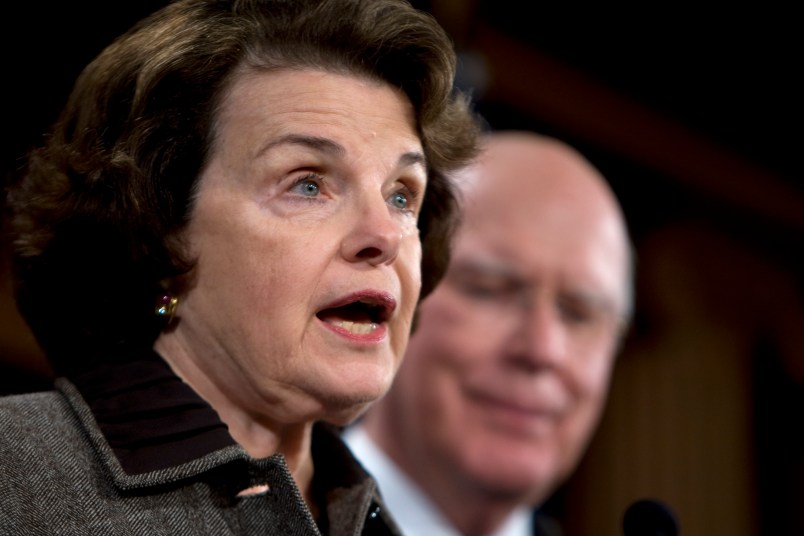 Sen. Diane Feinstein (D-CA) and Sen. Patrick Leahy, (D-VT) speak at a press conference on Capitol Hill on the appointment of a special prosecutor Monday, September 29, 2008, to pursue possible criminal charges against Republicans who were involved in the controversial firings of U.S. attorneys. (Chuck Kennedy/MCT)