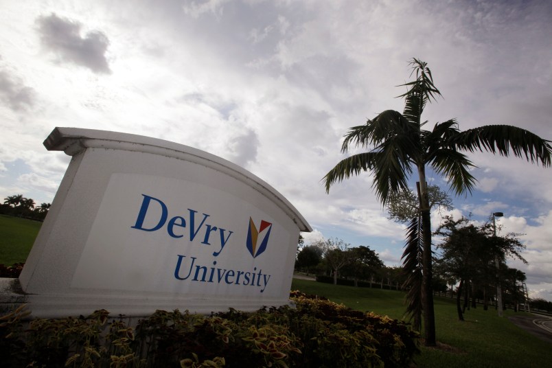 This Nov. 24, 2009 photo, shows the entrance to the DeVry University in Miramar, Fla. Students aren't the only ones benefiting from the billions of new dollars Washington is spending on college aid for the poor. An Associated Press analysis shows surging proportions of both low-income students and the recently boosted government money that follows them are ending up at for-profit schools, from local career colleges to giant publicly traded chains such as the University of Phoenix, Kaplan and Devry. (AP Photo/J Pat Carter)