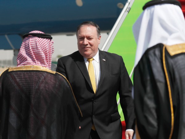 U.S. Secretary of State Mike Pompeo greets Saudi Foreign Minister Adel al-Jubeir after arriving in Riyadh, Saudi Arabia, October 16, 2018. REUTERS/Leah Millis/Pool