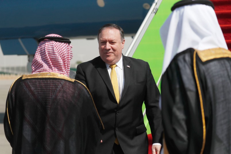 U.S. Secretary of State Mike Pompeo greets Saudi Foreign Minister Adel al-Jubeir after arriving in Riyadh, Saudi Arabia, October 16, 2018. REUTERS/Leah Millis/Pool