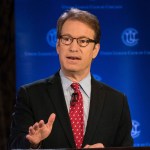 In this July 26, 2018 photo, Illinois 6th District Rep. Peter Roskam participates in a debate with his Democratic challenger, Sean Casten, right, on July 26, 2018 in Chicago. After more than a decade representing a reliably Republican suburban Chicago district, Rep.  Roskam is suddenly among the most endangered House Republicans seeking re-election. (Max Herman/Sun Times via AP)