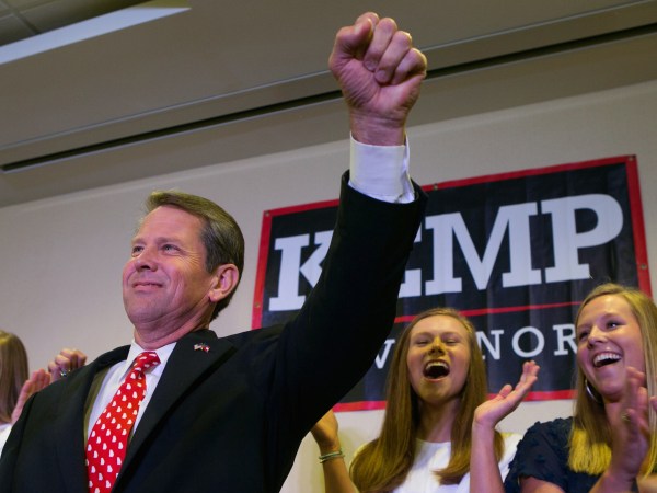 ATHENS, GA - JULY 24:  Secretary of State and Republican Gubernatorial candidate Brian Kemp addresses the audience and declares victory during an election watch party on July 24, 2018 in Athens, Georgia. Kemp defeated opponent Casey Cagle in a runoff election for the Republican nomination for the Georgia Governor's race.  (Photo by Jessica McGowan/Getty Images)