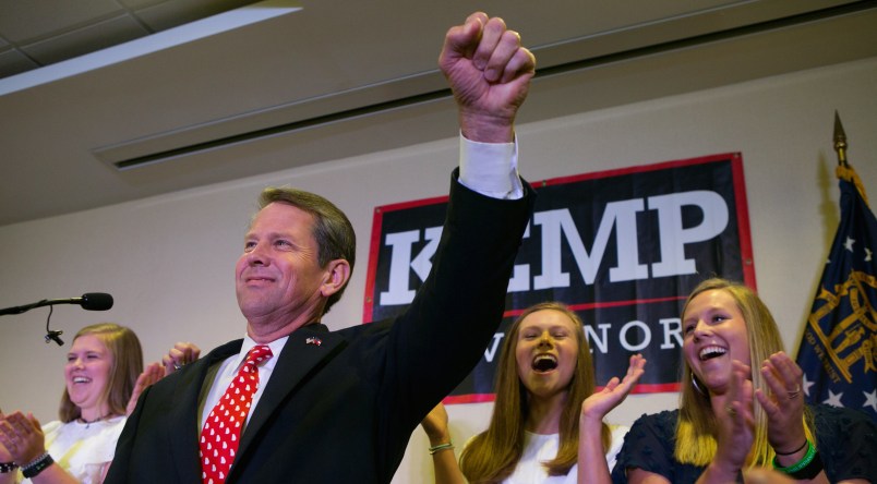 ATHENS, GA - JULY 24:  Secretary of State and Republican Gubernatorial candidate Brian Kemp addresses the audience and declares victory during an election watch party on July 24, 2018 in Athens, Georgia. Kemp defeated opponent Casey Cagle in a runoff election for the Republican nomination for the Georgia Governor's race.  (Photo by Jessica McGowan/Getty Images)