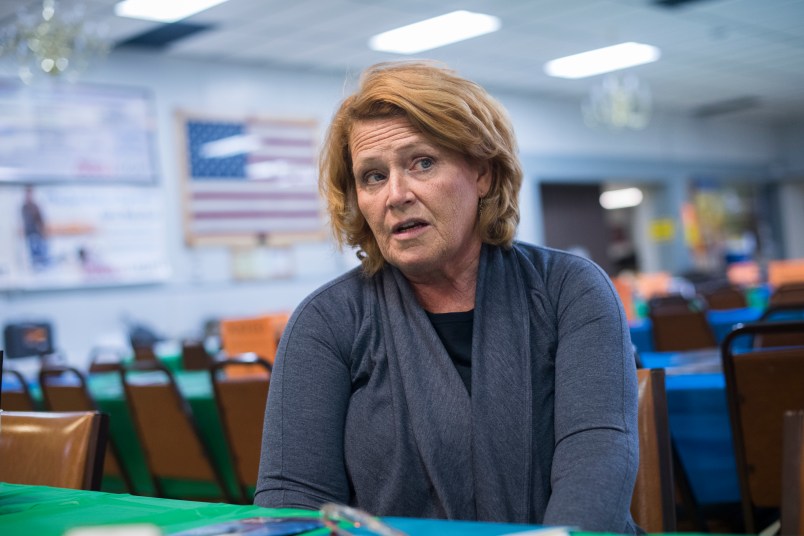 UNITED STATES - AUGUST 17: Sen. Heidi Heitkamp, D-N.D., is interviewed at Amvets Club in Bismarck, N.D., on August 17, 2018. Heitkamp is running against  Rep. Kevin Cramer, R-N.D., for the North Dakota Senate seat.(Photo By Tom Williams/CQ Roll Call)