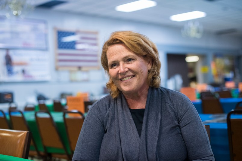UNITED STATES - AUGUST 17: Sen. Heidi Heitkamp, D-N.D., is interviewed at Amvets Club in Bismarck, N.D., on August 17, 2018. Heitkamp is running against  Rep. Kevin Cramer, R-N.D., for the North Dakota Senate seat.(Photo By Tom Williams/CQ Roll Call)