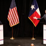 Republican U.S. Senator Ted Cruz and Democratic U.S. Representative Beto O'Rourke in their first debate for Texas U.S. Senate in McFarlin Auditorium at SMU in Dallas on Sept. 21, 2018.  (Nathan Hunsinger/The Dallas Morning News/Pool)
