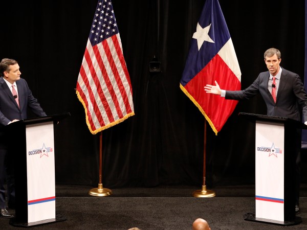 Republican U.S. Senator Ted Cruz and Democratic U.S. Representative Beto O'Rourke in their first debate for Texas U.S. Senate in McFarlin Auditorium at SMU in Dallas on Sept. 21, 2018.  (Nathan Hunsinger/The Dallas Morning News/Pool)