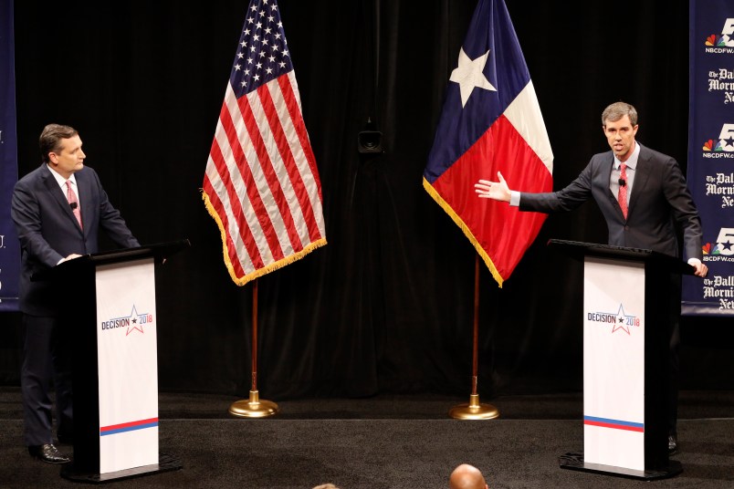 Republican U.S. Senator Ted Cruz and Democratic U.S. Representative Beto O'Rourke in their first debate for Texas U.S. Senate in McFarlin Auditorium at SMU in Dallas on Sept. 21, 2018.  (Nathan Hunsinger/The Dallas Morning News/Pool)