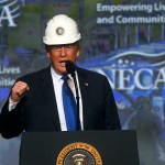 PHILADELPHIA, PA - OCTOBER 2: U.S. President Donald Trump wears a hard hat as he addresses the National Electrical Contractors Convention on October 2, 2018 in Philadelphia, Pennsylvania. The National Electrical Contractors Convention is the largest gathering of manufacturers and distributors for electrical professionals in North America. (Photo by Mark Makela/Getty Images)