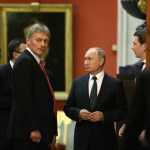 SAINT PETERSBURG, RUSSIA - OCTOBER,3 (RUSSIA OUT) Russian President Vladimir Putin (C) , Austrian Chancellor Sebastian Kurz (R) and Putin's Press Secretary Dmitry Peskov (L) seen during their meeting at the Hermitage, in Saint Petersburg, Russia, October,3, 2018.  Austrian Chancellor Kurz is having a one-day visit to Russia. (Photo by Mikhail Svetlov/Getty Image